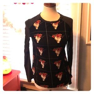 Raglan 3/4 Sleeve Cow Skull Floral T-Shirt